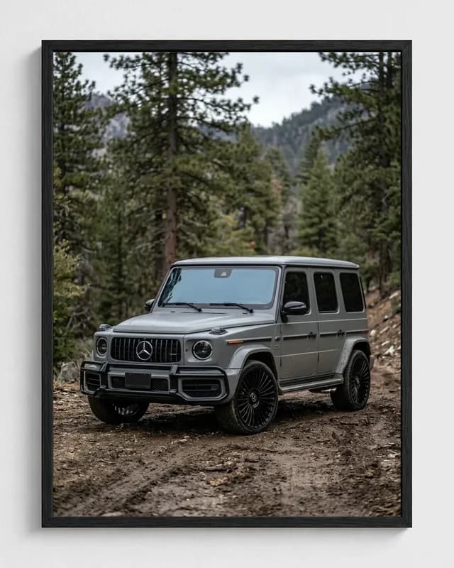 Gray Mercedes G-Class transformed into a framed rugged trail automotive portrait