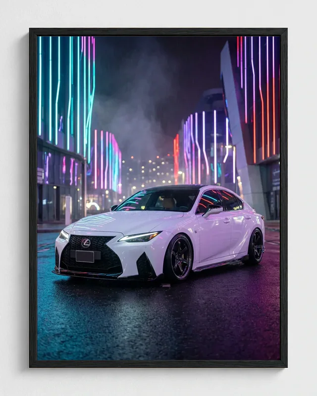 White Lexus transformed into a framed neon city automotive portrait