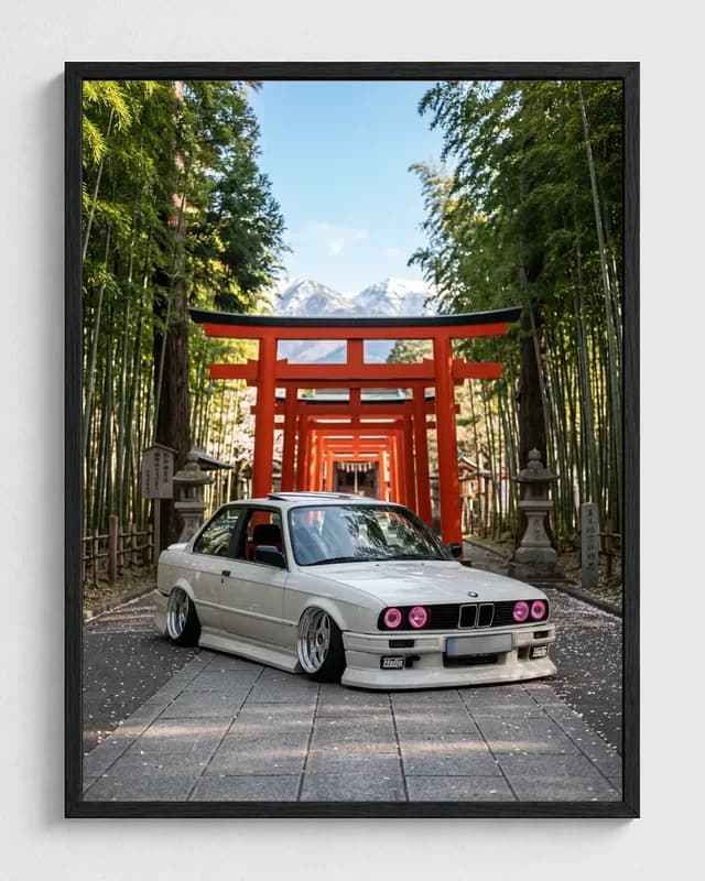 Classic BMW transformed into a framed Japanese passage automotive portrait