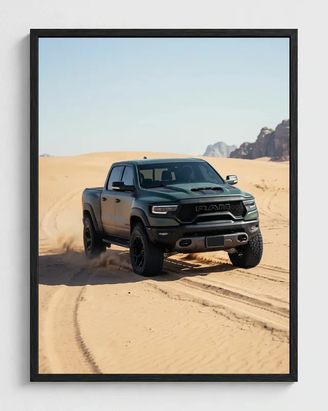 Dark green Ram transformed into a framed desert off-road automotive portrait