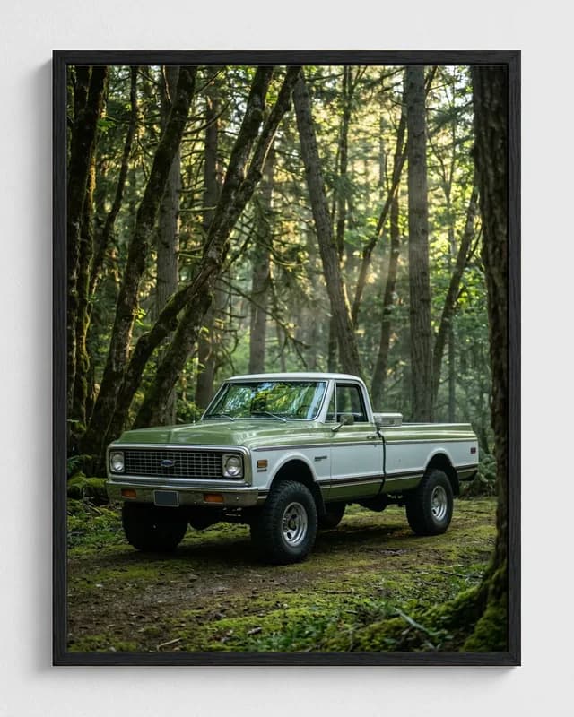 Vintage green pickup transformed into a framed forest automotive portrait
