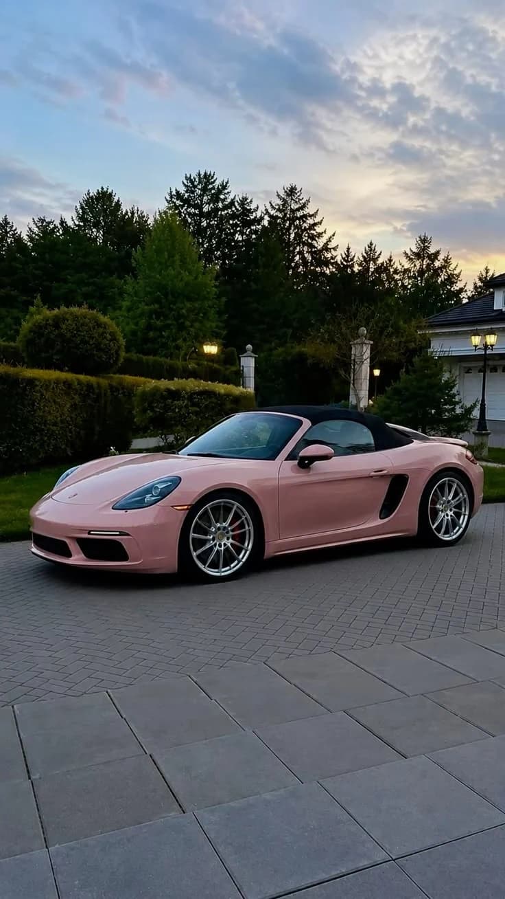 Phone photo of a pink Porsche convertible