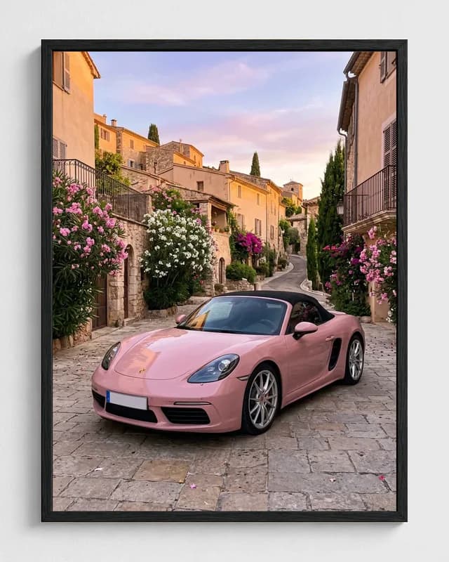 Pink Porsche transformed into a framed romantic destination automotive portrait