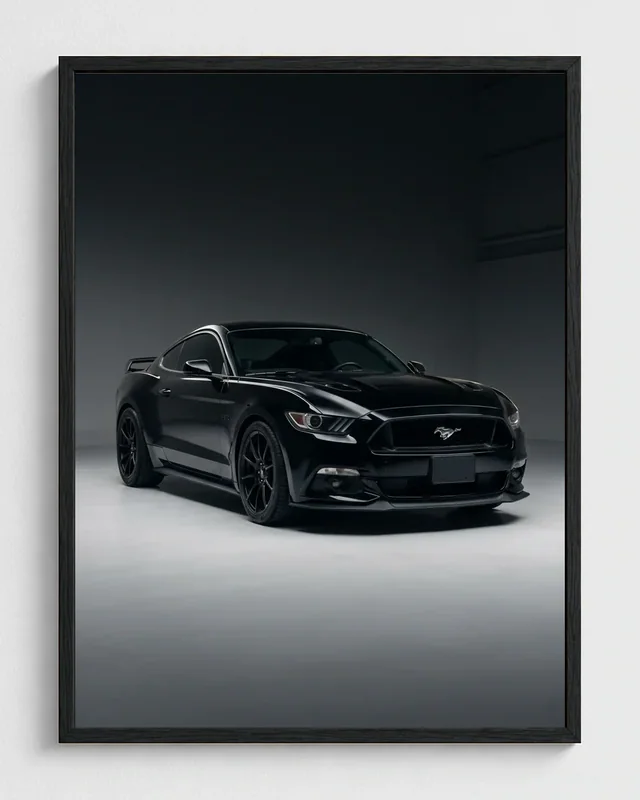 Black Ford Mustang transformed into a framed shadow studio automotive portrait