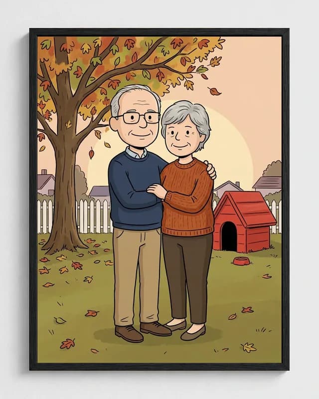 Older couple transformed into a framed Peanuts-inspired autumn portrait