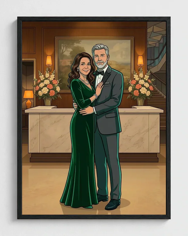 Couple transformed into a framed mid-century spy portrait