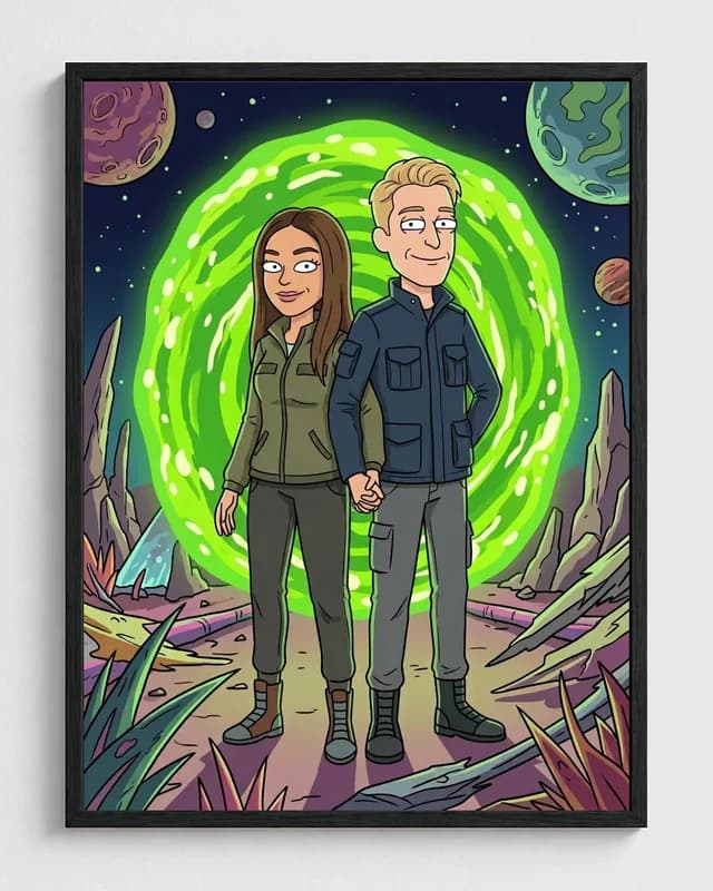 Young couple transformed into a framed interdimensional portrait