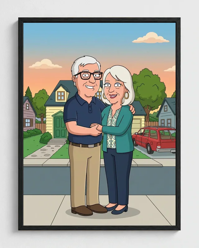 Older couple transformed into a framed Quahog portrait