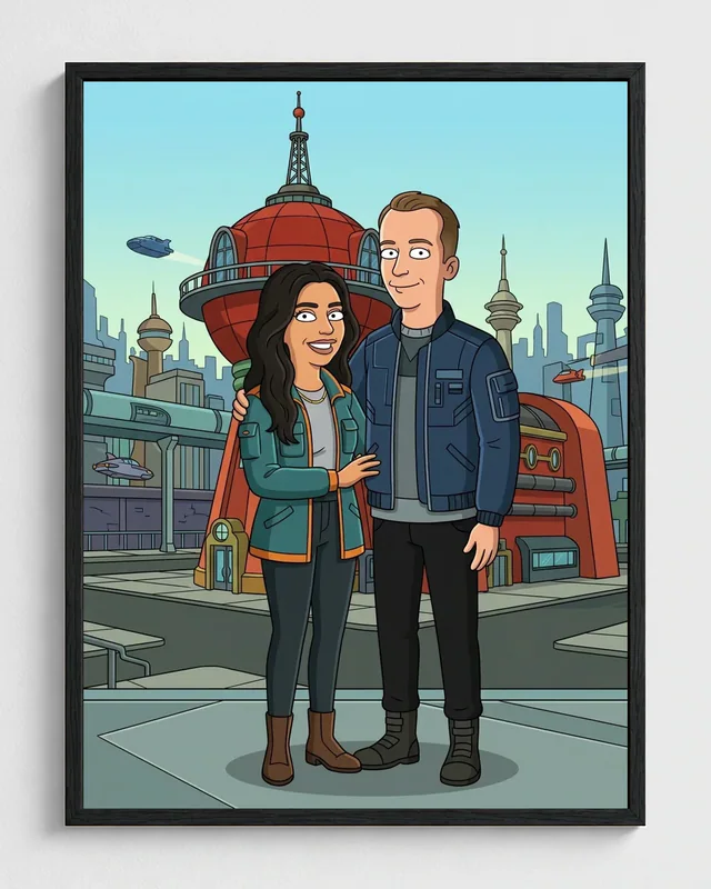 Young couple transformed into a framed retro-future portrait