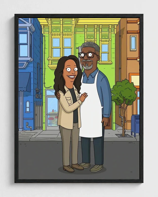 Couple transformed into a framed neighborhood restaurant portrait