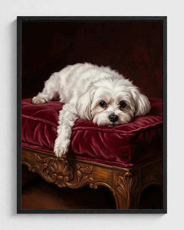 Small white dog transformed into a framed Crimson Lounge oil portrait