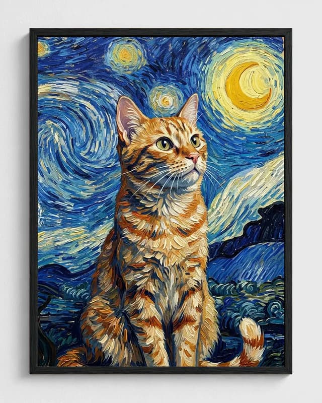 Orange tabby transformed into a framed Starry Night canvas portrait