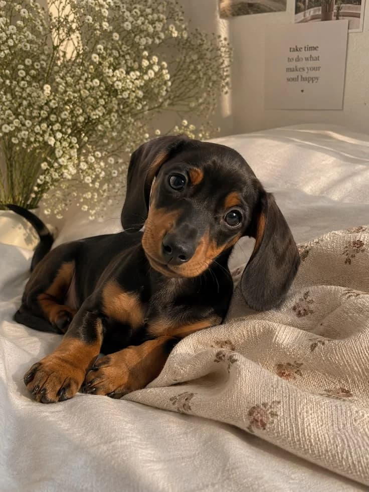 Casual phone photo of a black and tan Dachshund puppy