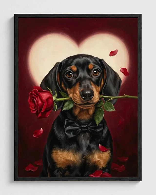Dachshund puppy transformed into a framed romantic rose portrait