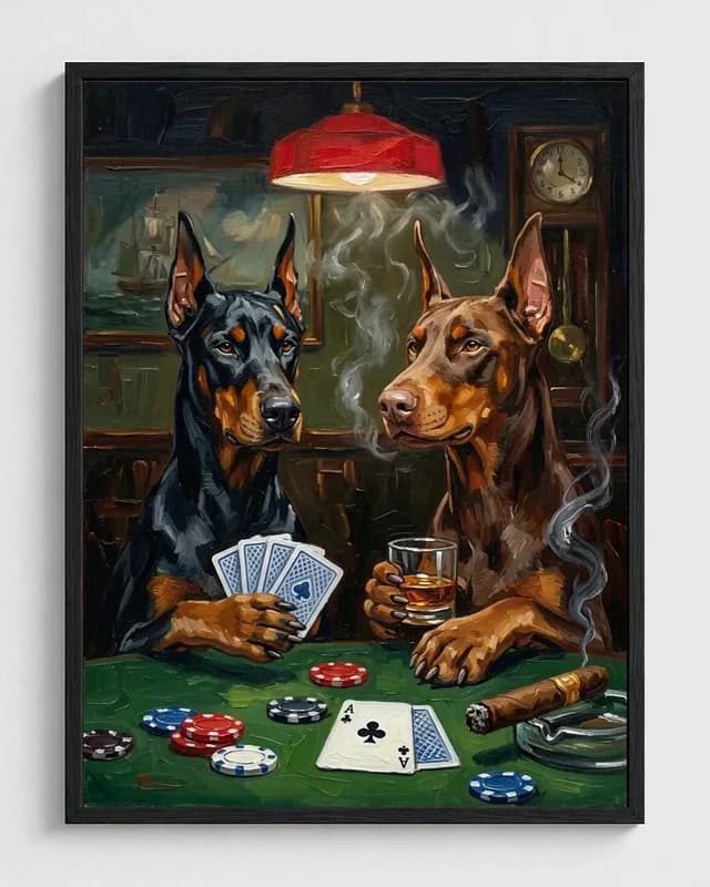 Two Dobermans transformed into a framed Pawker Face oil painting