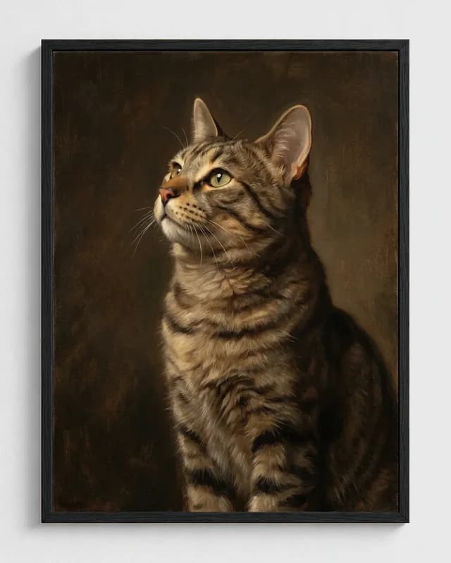 Brown tabby transformed into a framed Noble Gaze oil portrait