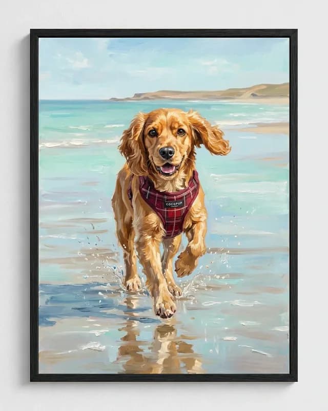 Golden Cocker Spaniel transformed into a framed Beach Run canvas painting