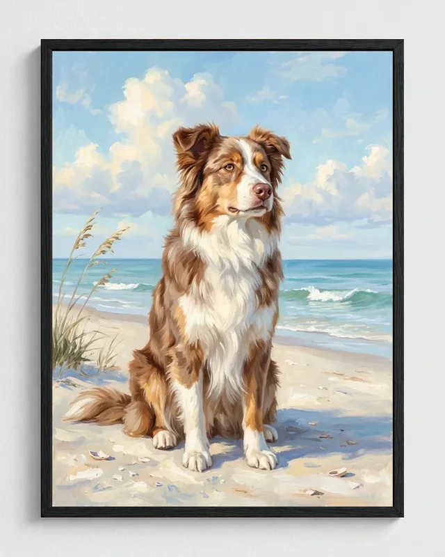 Brown and white dog transformed into a framed Sunny Shore oil portrait