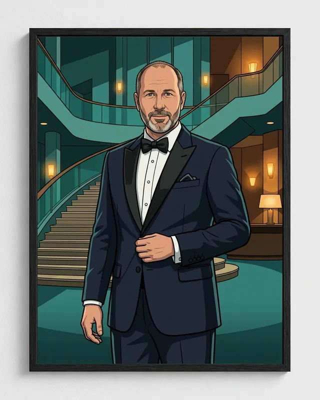 Man transformed into a framed mid-century spy portrait