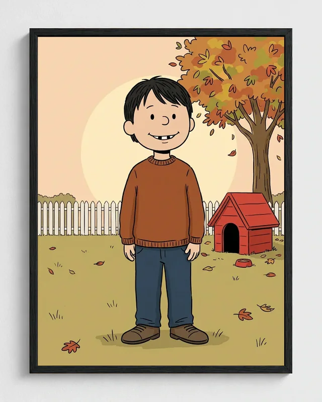 Boy transformed into a framed Peanuts-inspired autumn portrait