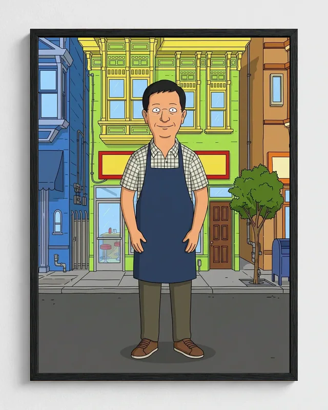 Man transformed into a framed neighborhood restaurant portrait