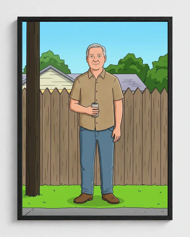 Older man transformed into a framed Rainey Street portrait