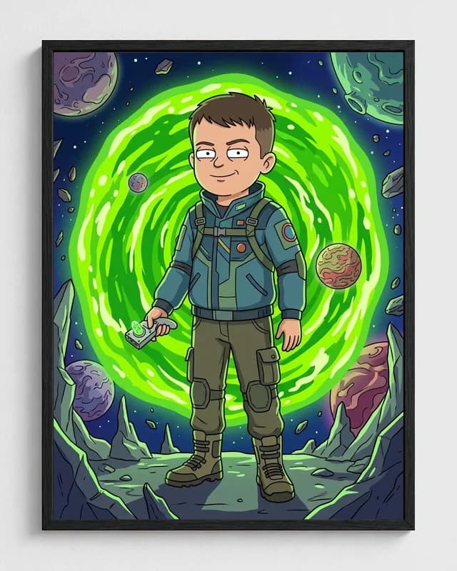 Young boy transformed into a framed interdimensional portrait