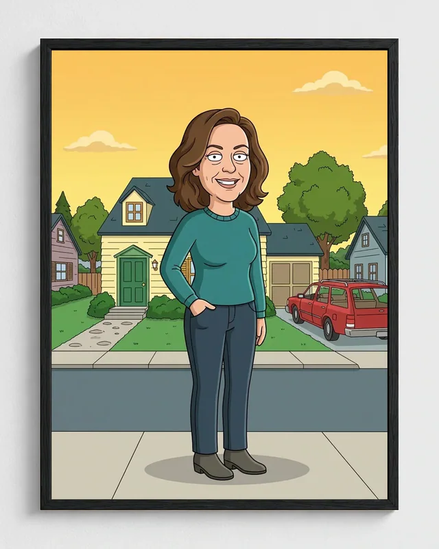 Woman transformed into a framed Quahog portrait