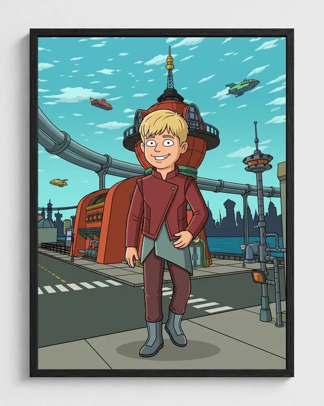 Boy transformed into a framed retro-future portrait