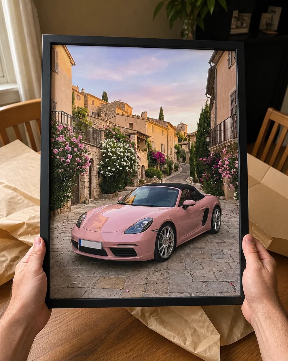 Sample phone photo of hands holding an unboxed framed car portrait