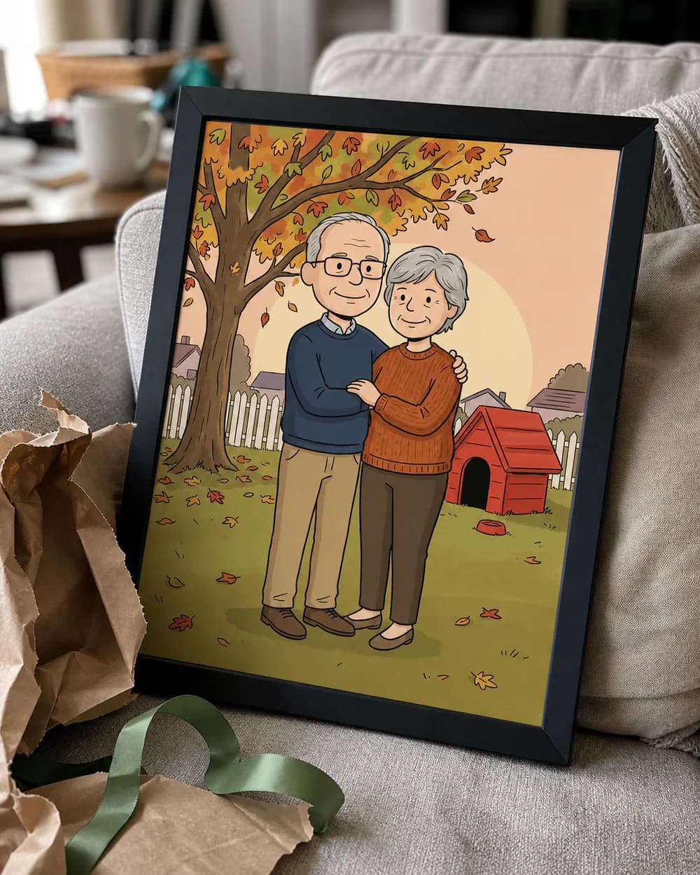 Sample phone photo of a framed couple portrait resting beside gift wrap