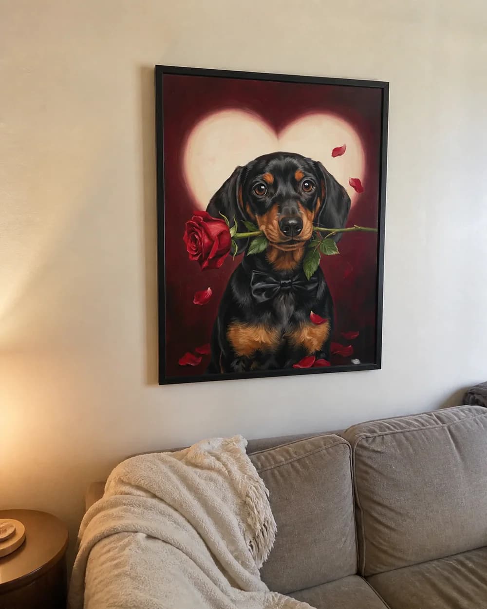 Sample phone photo of a framed Dachshund portrait above a sofa