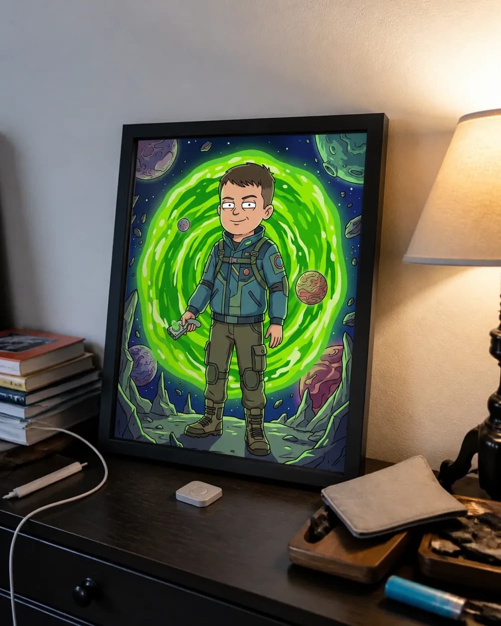 Sample phone photo of a framed personalized portrait on a bedroom dresser